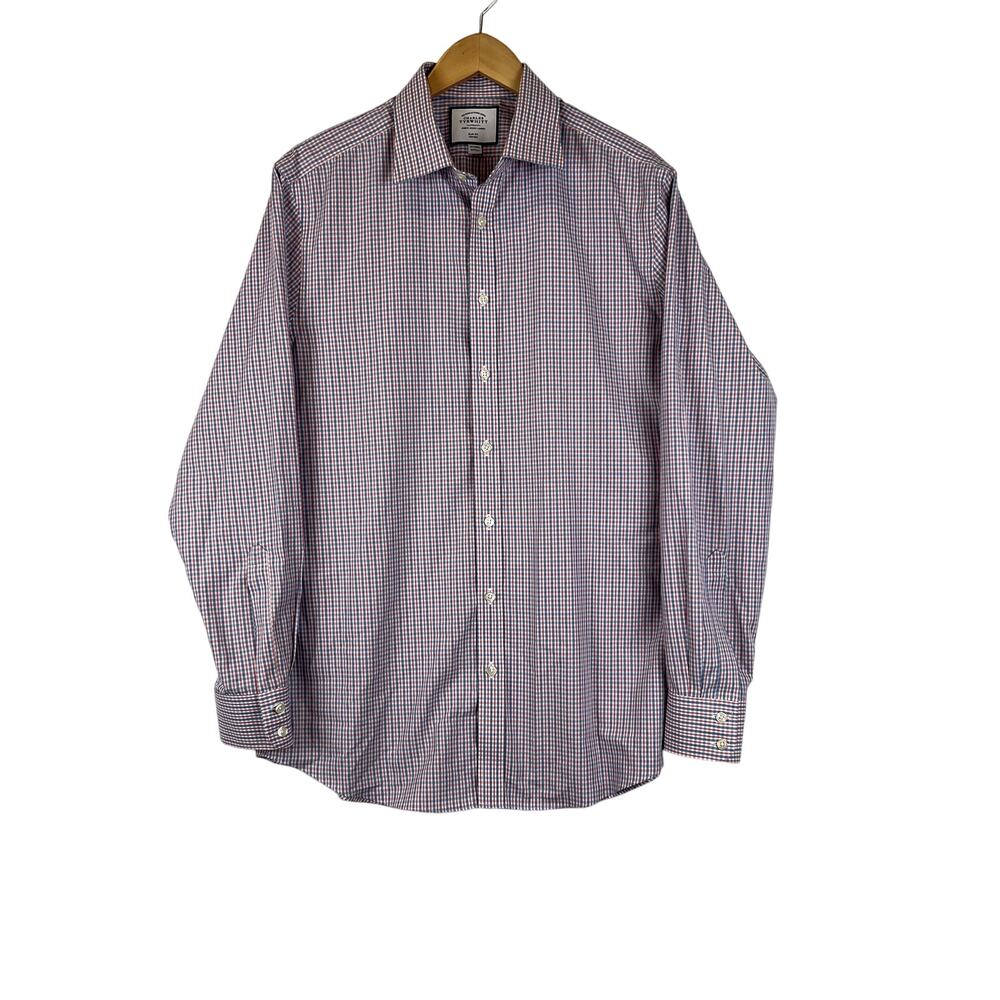 Charles Tyrwhitt Red Blue Mens 16.5-36 Plaid Non-Iron Slim Fit Dress‎ Shirt